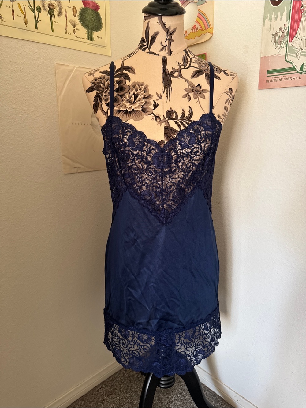 90s Navy Blue Floral Lace Slip Dress